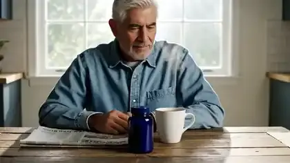 A man in his sixties reading the back of a dark blue bottle at the end of a long wooden kitchen table
