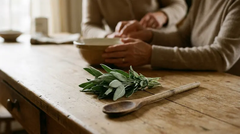 A bunch of fresh gray-green sage leaves beside a wooden spoon on a wooden table