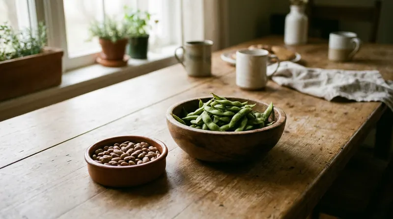 A bowl of steamed soybeans in their pods beside a small dish of dried beans on a wooden table