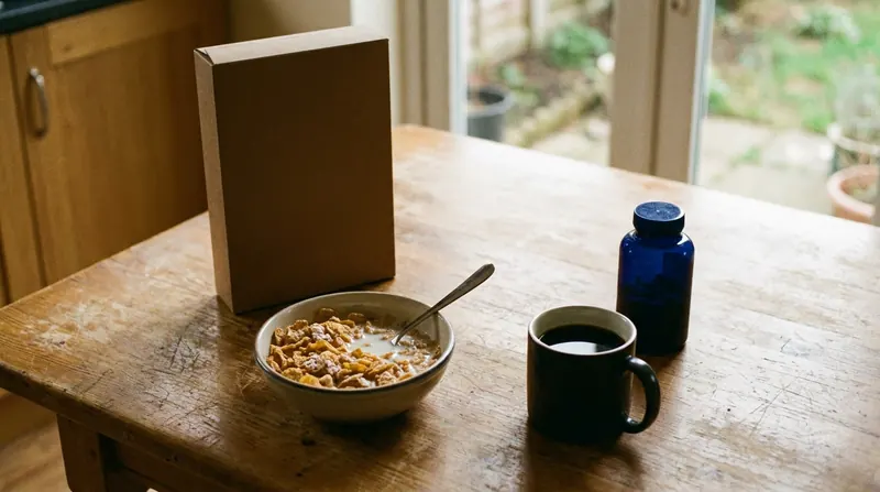 A bowl of cereal beside its box, a mug of coffee and a dark blue bottle on a long wooden table