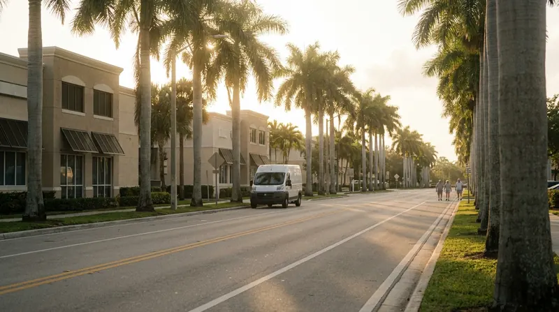 A quiet palm-lined boulevard in South Florida with low office buildings and a delivery van far down the road