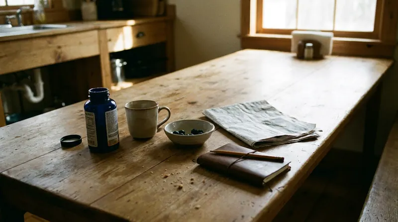 A long wooden table with a dark blue bottle, an empty mug, a bowl with a few blueberries, a folded newspaper and a closed notebook with a pencil