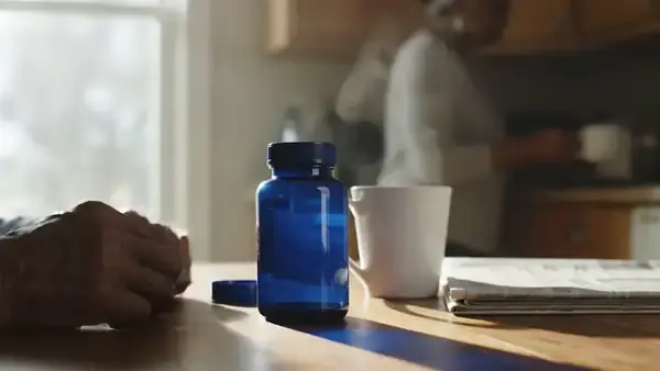 A man's hands tipping two tablets from a dark blue bottle beside a coffee mug and a newspaper