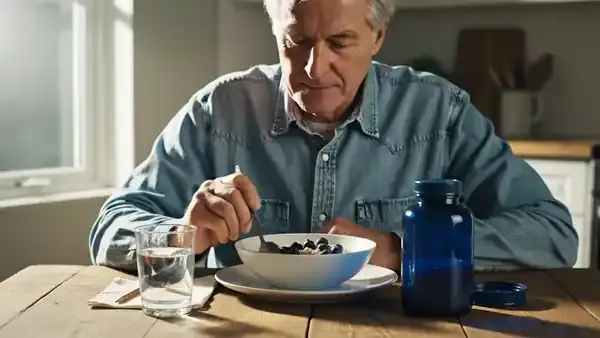 A man in his sixties eating oatmeal with blueberries at a long table beside a dark blue bottle and writing a figure on a napkin