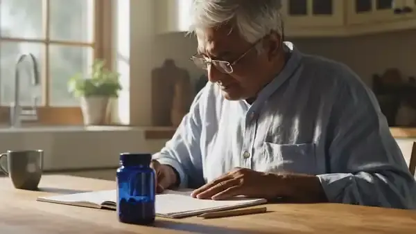 A man in his sixties reading a printed page at a long kitchen table and making a pencil note