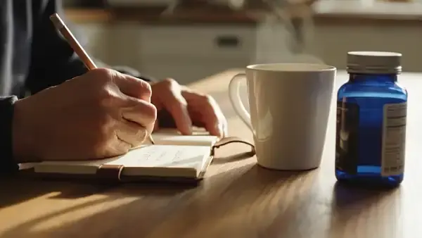 A man's hands writing a line in a small notebook beside a coffee mug and a dark blue bottle on a long table